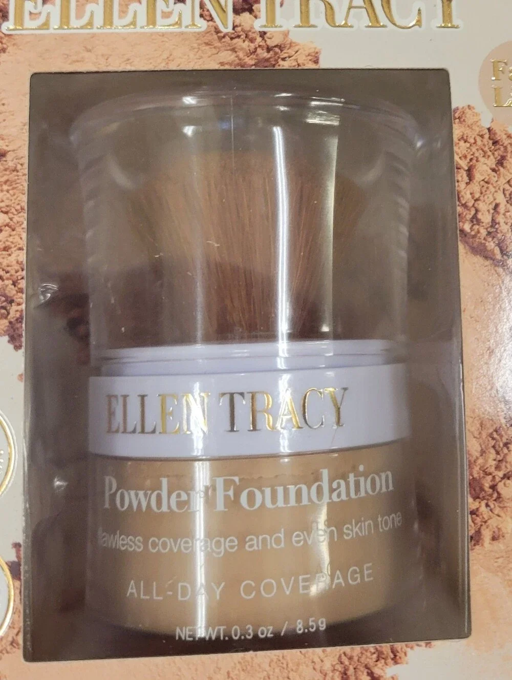 Ellen Tracy Loose Powder Foundation + Brush 24-Hour Wear & Coverage Fair-Light